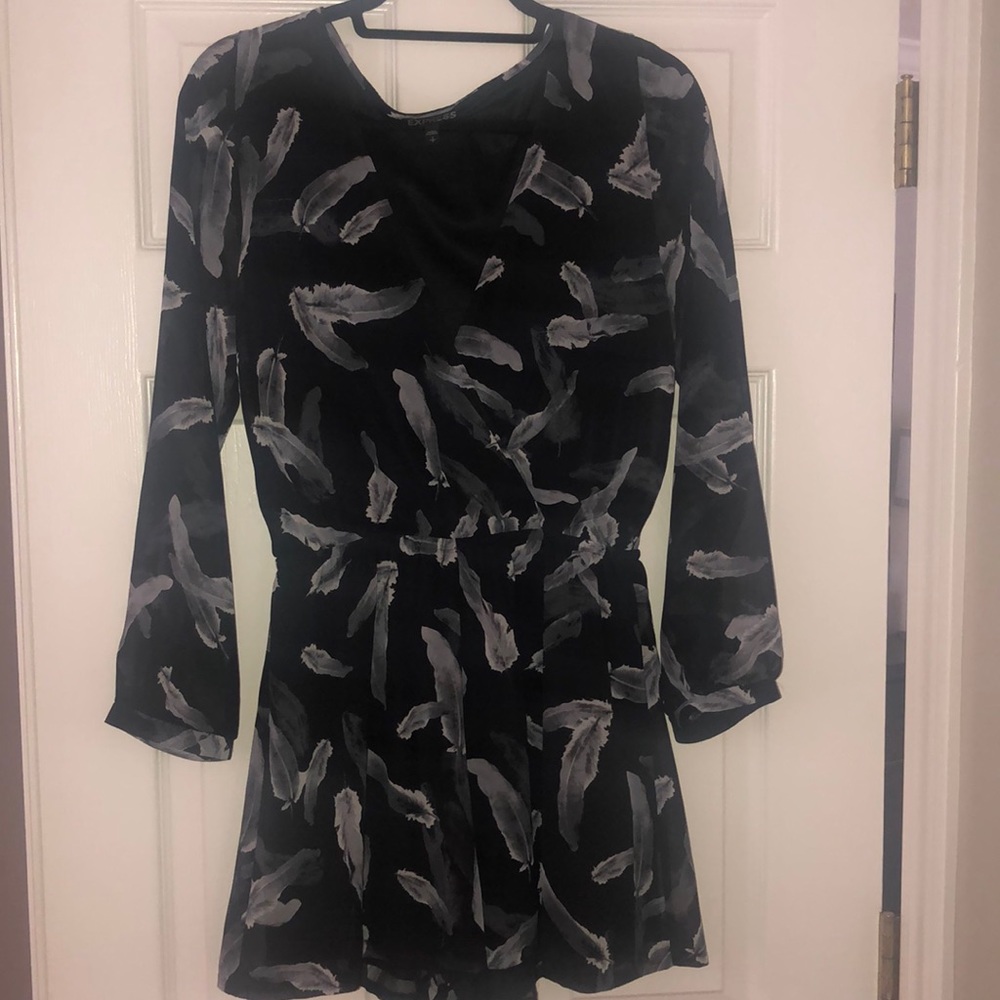 Express - Feather print sheer long sleeve romper